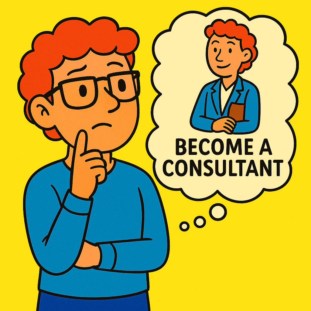 A cartoon character with curly red hair and glasses is thoughtfully considering becoming a consultant, depicted with a speech bubble stating 'BECOME A CONSULTANT' alongside an image of a professional consultant.