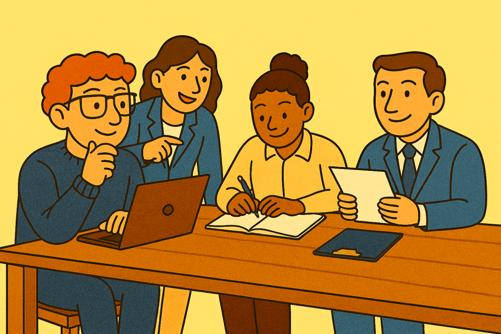 Four people gathered around a table, collaborating on a project with a laptop, notebook, and documents.